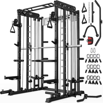 Smith Machine Power Cage, 2000LBS All-In-One Squat Rack Multi-Function Home Gym System with Cable Crossover System for Adult