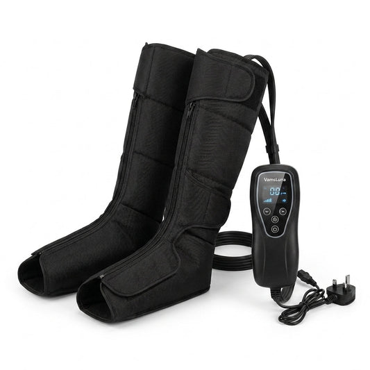 Air Compression Circulation Leg Massage Air Pressure Recovery Boots Power Pump Lymphatic Drainage Device Professional Athletes — Studio Shot