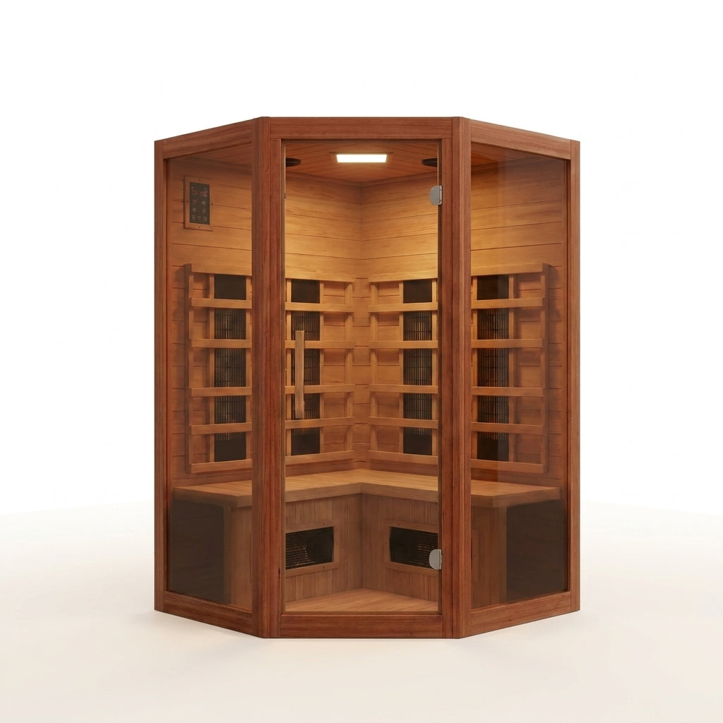 Infrared Sauna Built for Home Recovery, Canadian Cedar, 7 Carbon Heaters, 3-Person Corner Design — Studio Shot