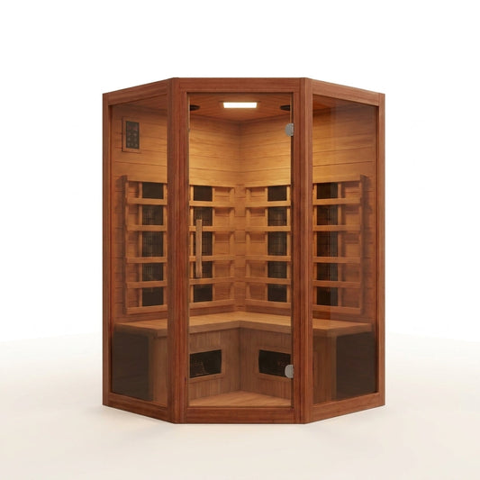 Infrared Sauna Built for Home Recovery, Canadian Cedar, 7 Carbon Heaters, 3-Person Corner Design — Studio Shot