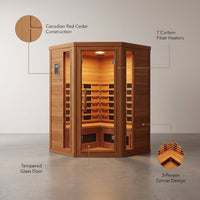 Infrared Sauna Built for Home Recovery, Canadian Cedar, 7 Carbon Heaters, 3-Person Corner Design — infographic