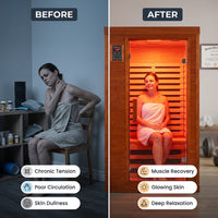 Infrared Sauna with Fda-Certified 660Nm & 850Nm Red Light Therapy | Full Spectrum, 1.4 Mg Ultra Low EMF, Fast Heat-Up, Canadian Hemlock, 7 Carbon Fiber Heaters, Easy Assembly, 1170W 110V — Before & After