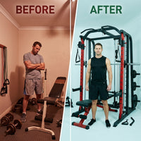 Smith Machine Home Gym, Multi-Function Power Cage with Dual Pulley Cable Crossover System, All-In-One Squat Rack with Smith Bar and Strength Training Attachments for Full-Body Workouts — Before & After