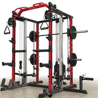 Smith Machine Home Gym, Multi-Function Power Cage with Dual Pulley Cable Crossover System, All-In-One Squat Rack with Smith Bar and Strength Training Attachments for Full-Body Workouts — Studio Shot