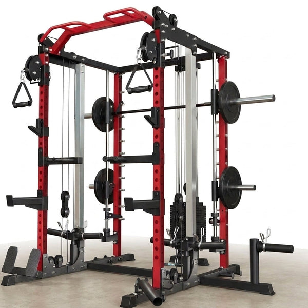 Smith Machine Home Gym, Multi-Function Power Cage with Dual Pulley Cable Crossover System, All-In-One Squat Rack with Smith Bar and Strength Training Attachments for Full-Body Workouts — Studio Shot