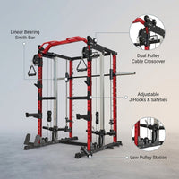 Smith Machine Home Gym, Multi-Function Power Cage with Dual Pulley Cable Crossover System, All-In-One Squat Rack with Smith Bar and Strength Training Attachments for Full-Body Workouts — infographic