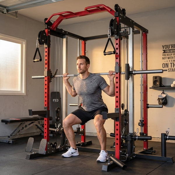 Smith Machine Home Gym Engineered for Full-Body Training, Dual Pulley Cable System, Power Cage, 18.3 Sq Ft