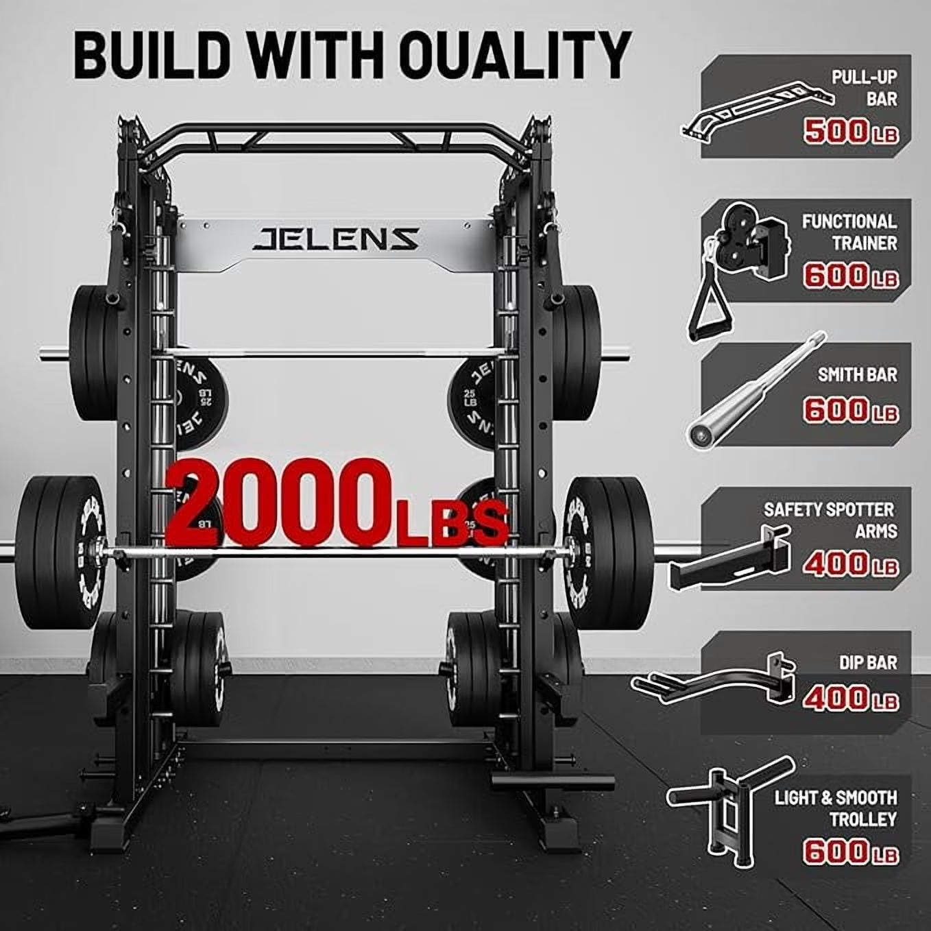 Smith Machine Power Cage, 2000LBS All-In-One Squat Rack Multi-Function Home Gym System with Cable Crossover System for Adult