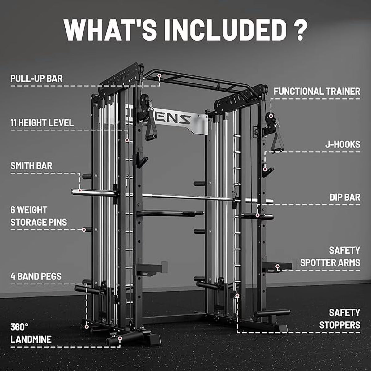 Smith Machine Power Cage, 2000LBS All-In-One Squat Rack Multi-Function Home Gym System with Cable Crossover System for Adult