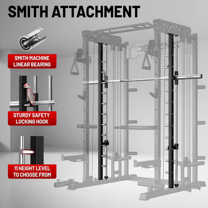 Smith Machine Power Cage, 2000LBS All-In-One Squat Rack Multi-Function Home Gym System with Cable Crossover System for Adult